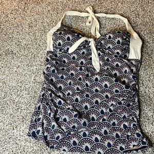 Down East Womens ruched side tankini top, blue with white and pink detail